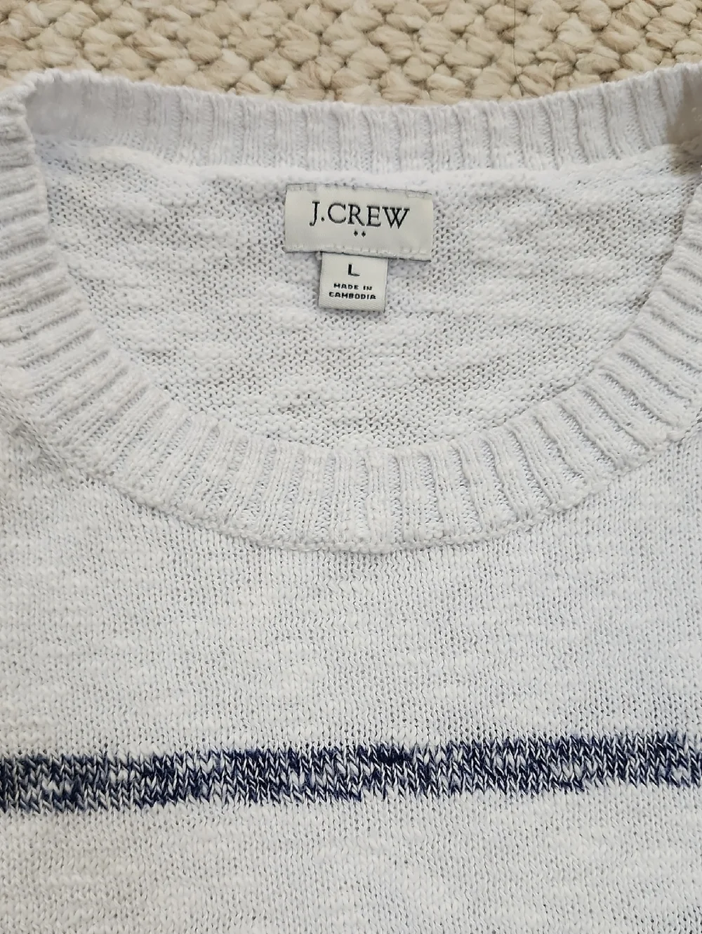 J. Crew White Crewneck Sweater with Navy Stripes